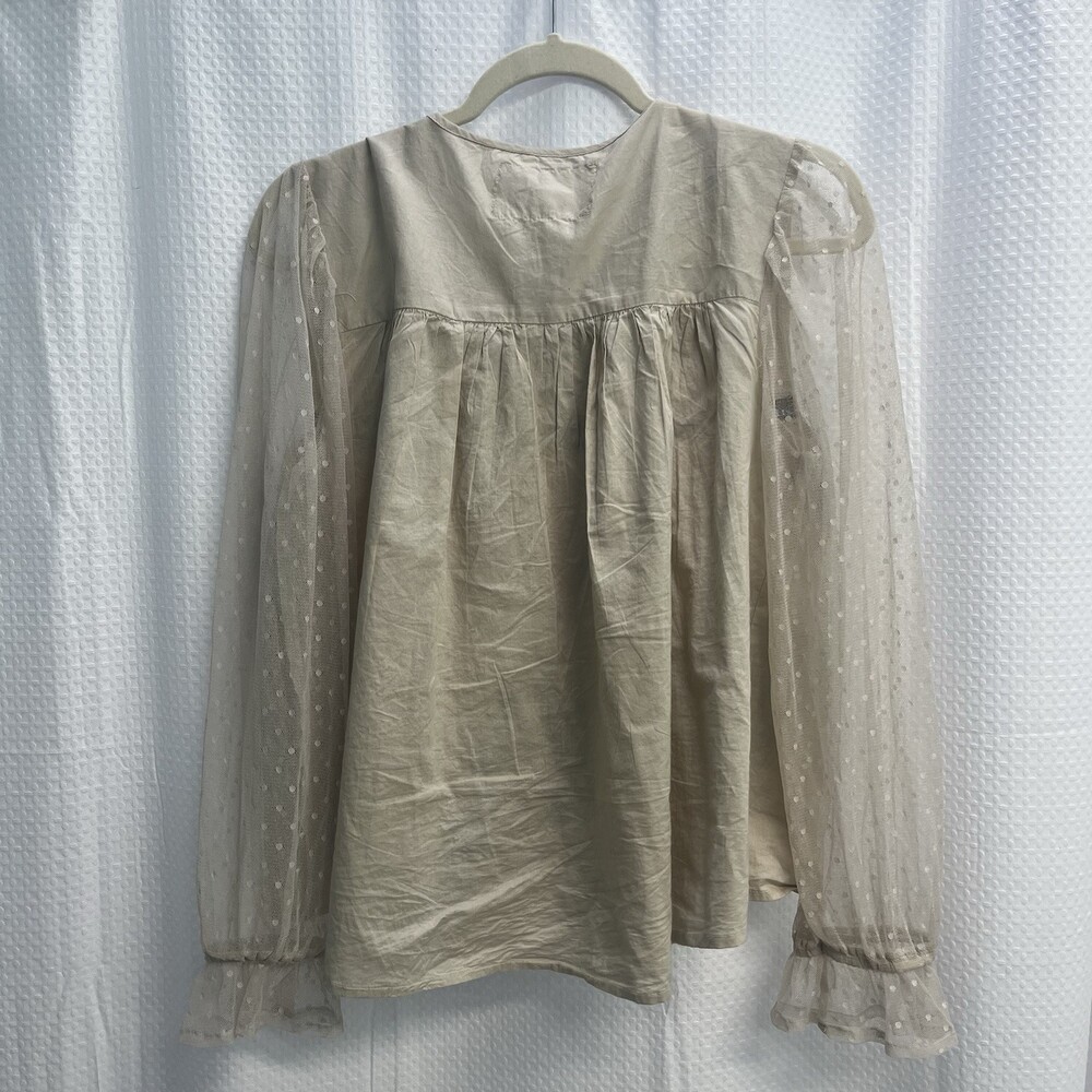 Cupio Beige Black Floral Embroidered Swiss Dot Mesh Sleeve Boho Top Medium - Picture 5 of 6